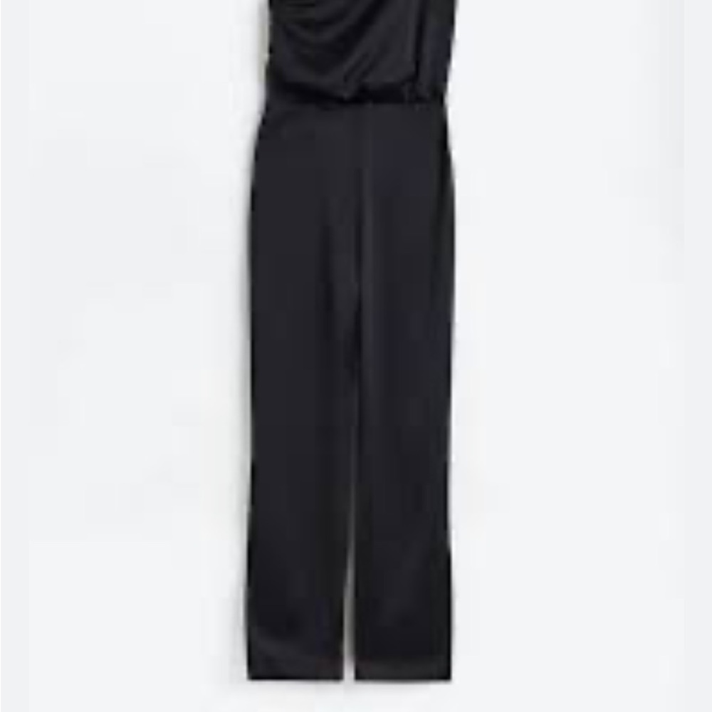 H&M Black Satin Asymmetrical One Shoulder Rhinestone Jeweled Strap Jumpsuit NWT - Picture 3 of 14